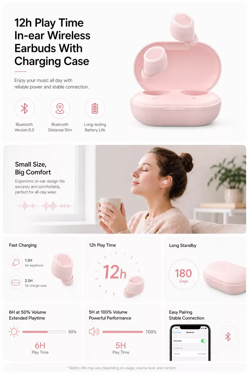 Wireless in-ear earbuds with charging case, 12-hour battery life, and stable Bluetooth connection.