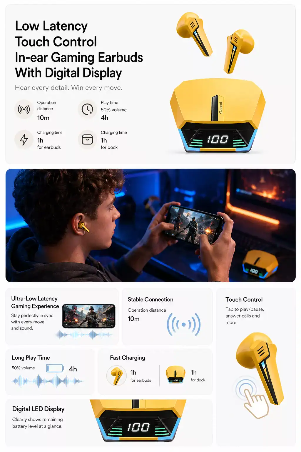 High-performance in-ear gaming earbuds with digital display, low latency, and stable Bluetooth conne.