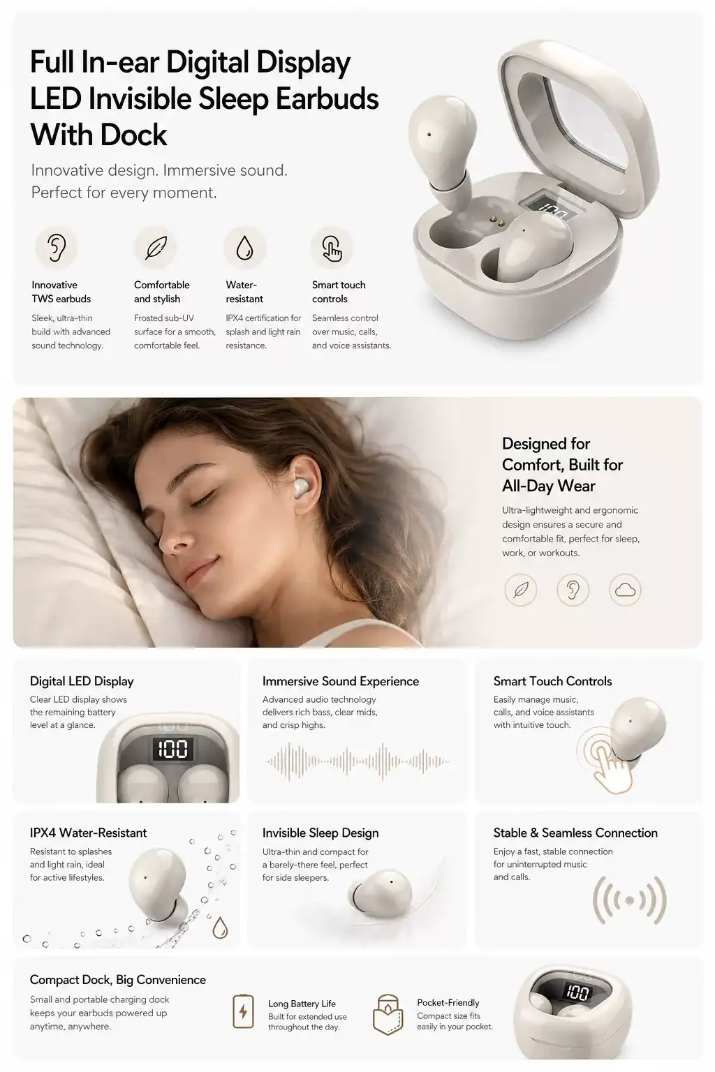 In-ear digital sleep earbuds with LED display and dock for comfortable, seamless sleep and smart con.
