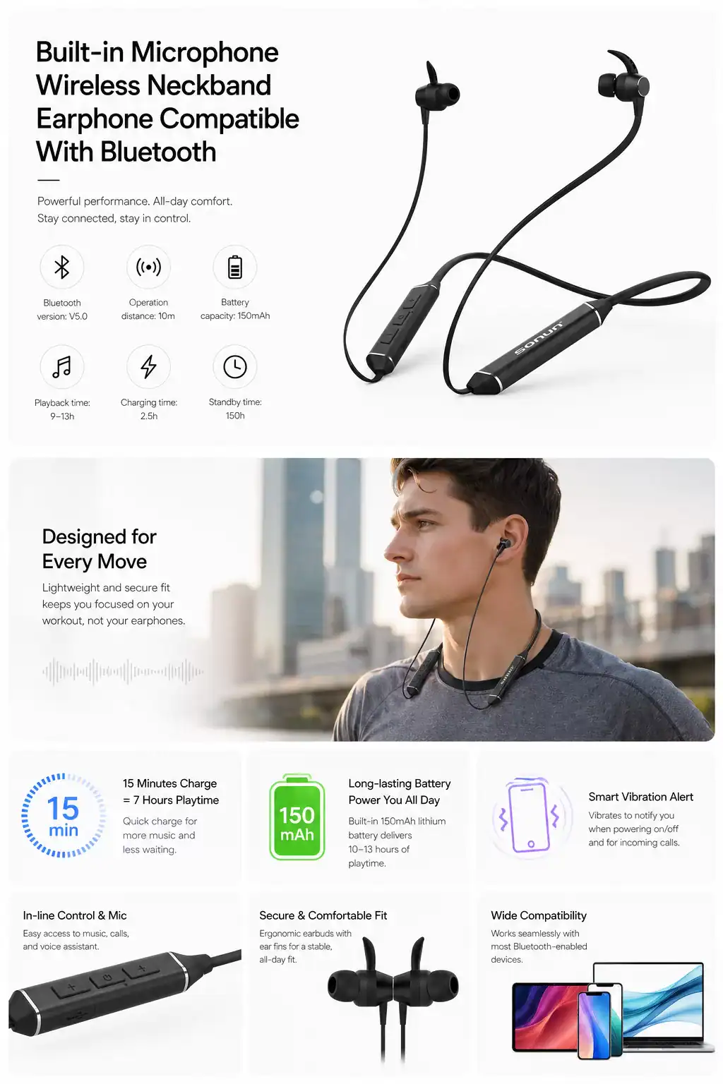 Wireless Neckband Earphone with Built-in Microphone and Bluetooth.
