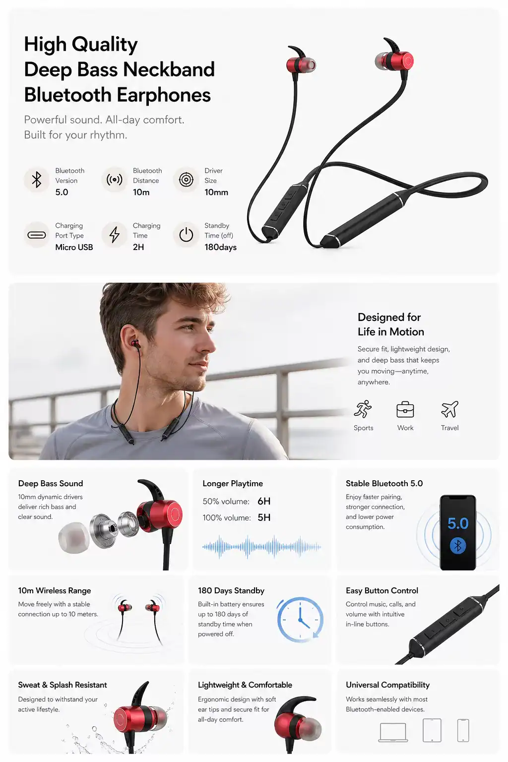 Wireless Bluetooth 5.0 earphones with deep bass, long battery life, and comfortable fit for active l.