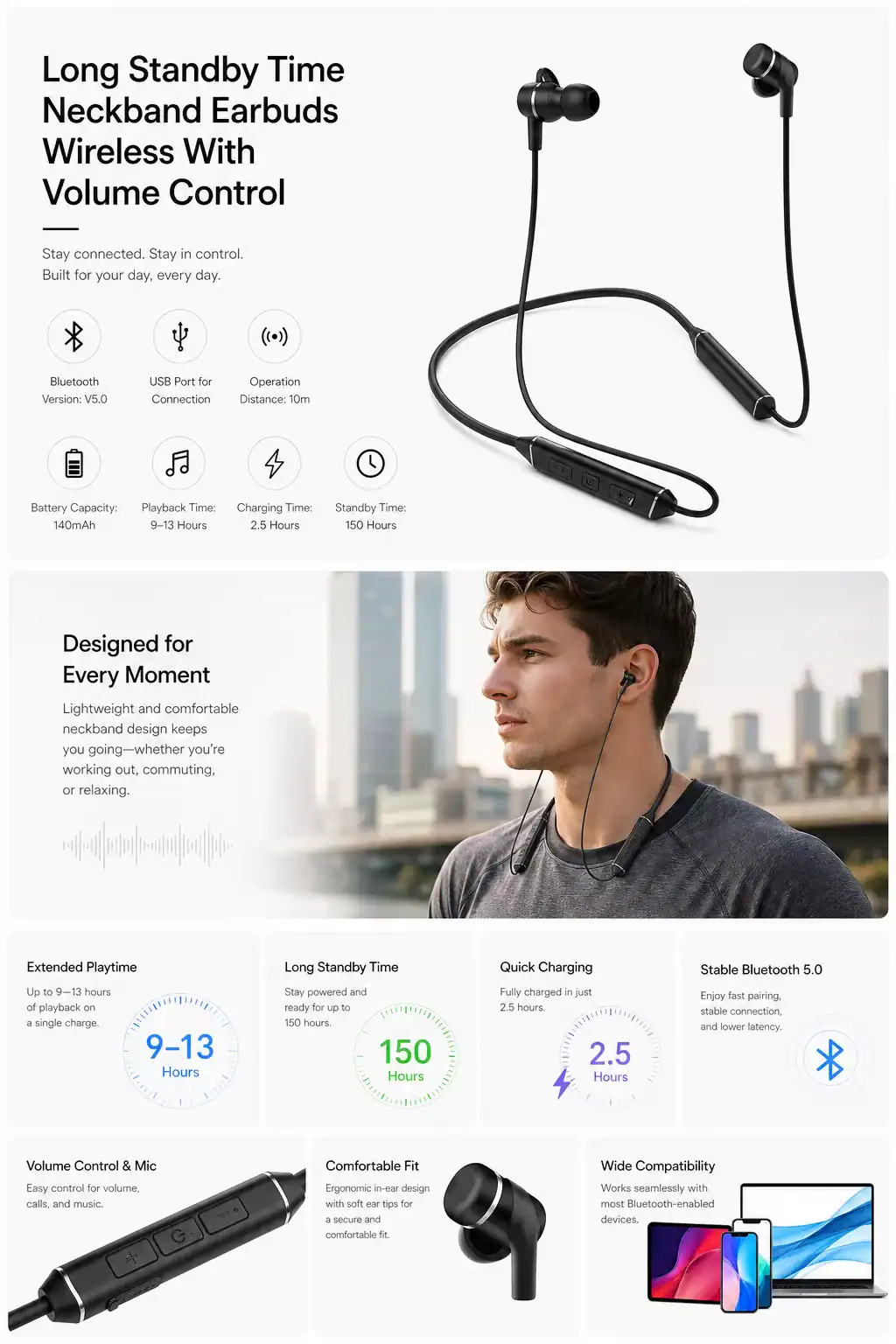 Wireless neckband earbuds with long battery life and volume control for all-day use.