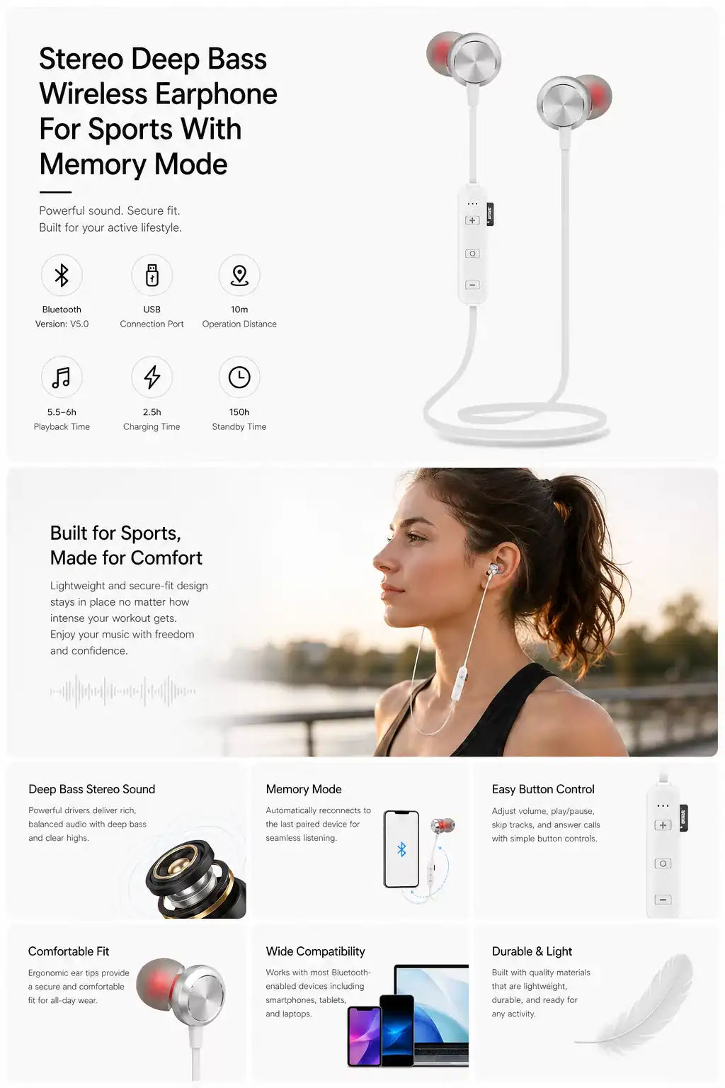 Wireless sports earphones with deep bass and memory mode for active lifestyles.