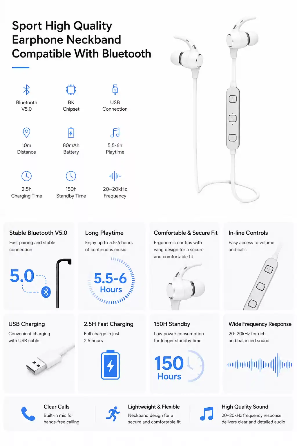 High-Quality Bluetooth Earphones with Neckband for Sports and Fitness.