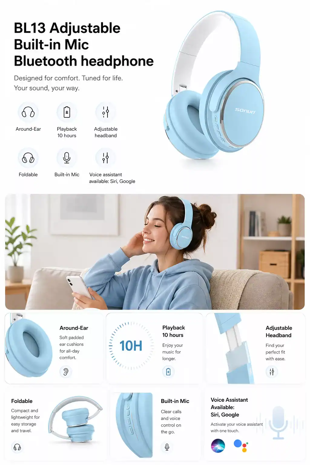 Wireless Bluetooth headphones with adjustable headband and built-in mic for hands-free calls.