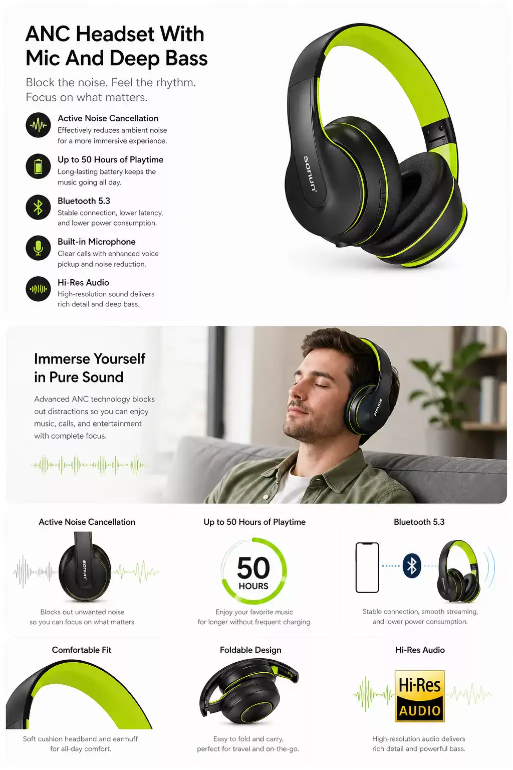 Wireless ANC headset with mic, deep bass, and Bluetooth 5.3 for immersive audio experience.