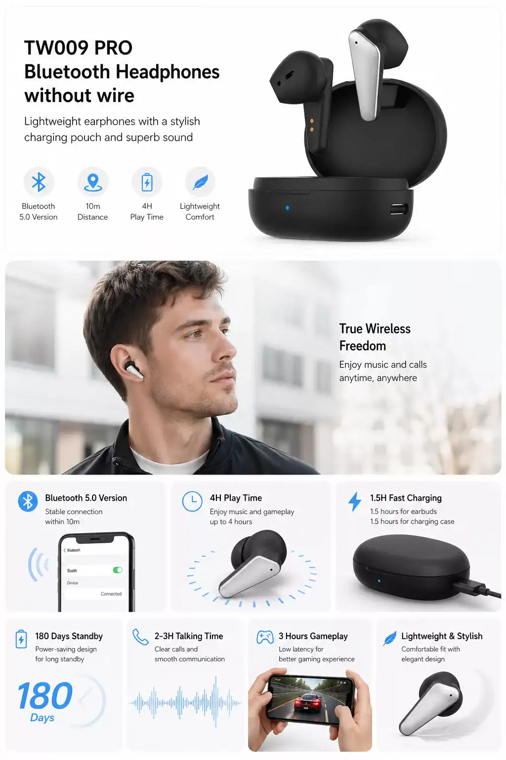 Bluetooth 5.0 wireless earbuds with charging case, lightweight, and stylish design.