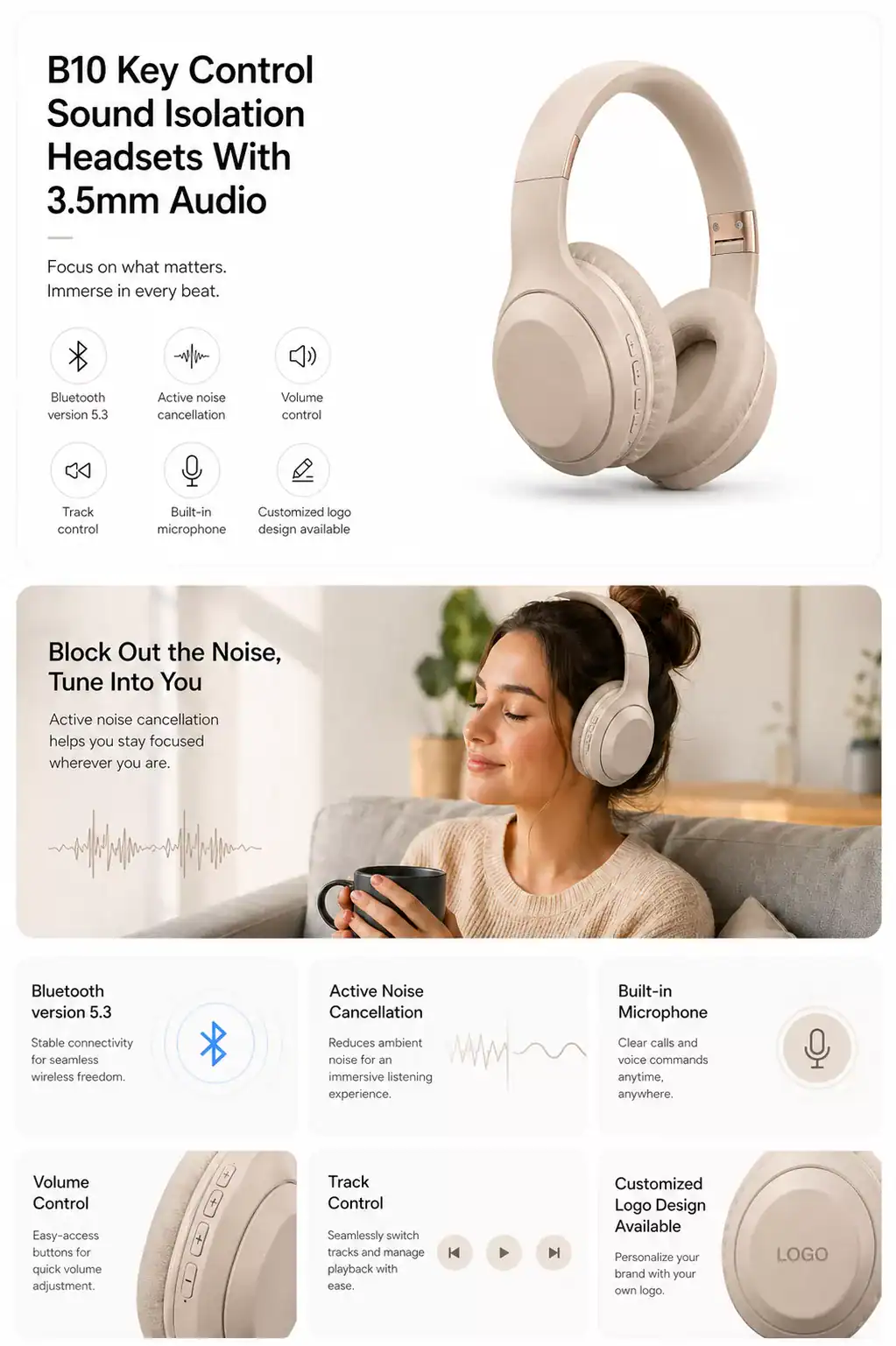 High-quality sound isolation headset with 3.5mm jack for clear audio.