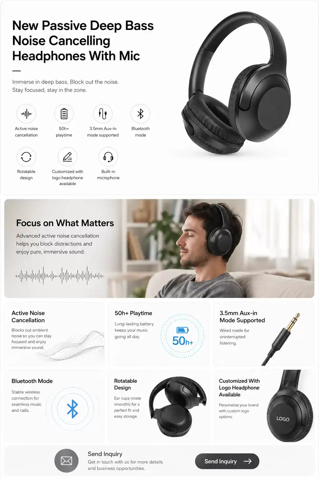 Passive Deep Bass Noise Cancelling Headphones with Mic for immersive sound.
