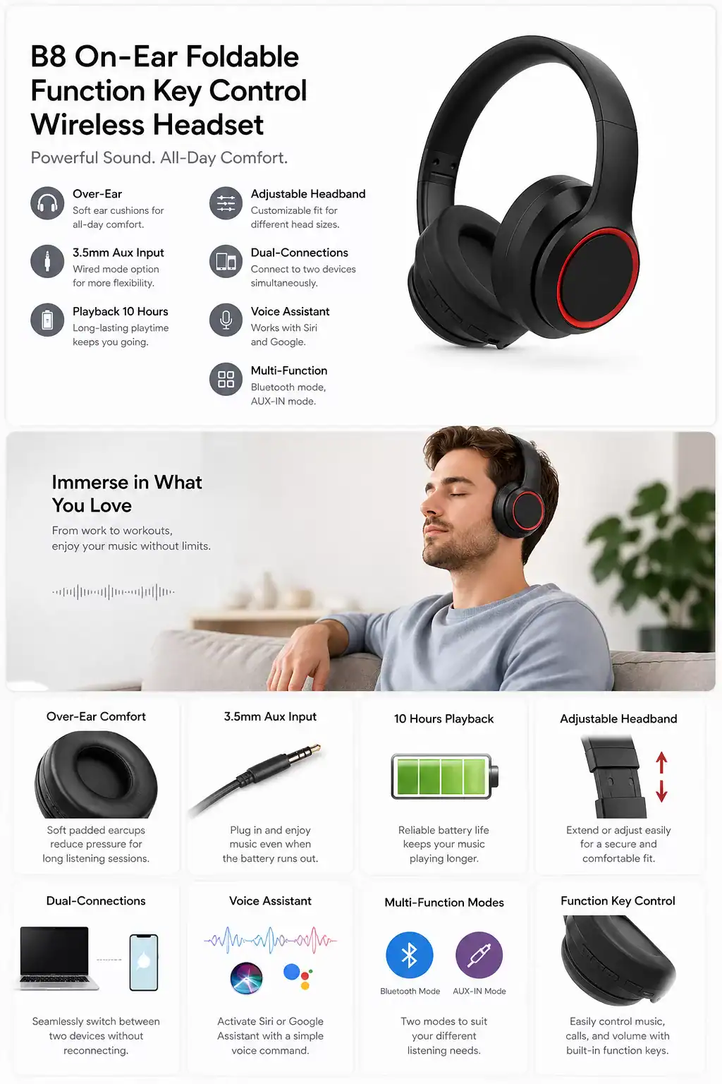 Wireless On-Ear Headphones with Foldable Design and Key Control.