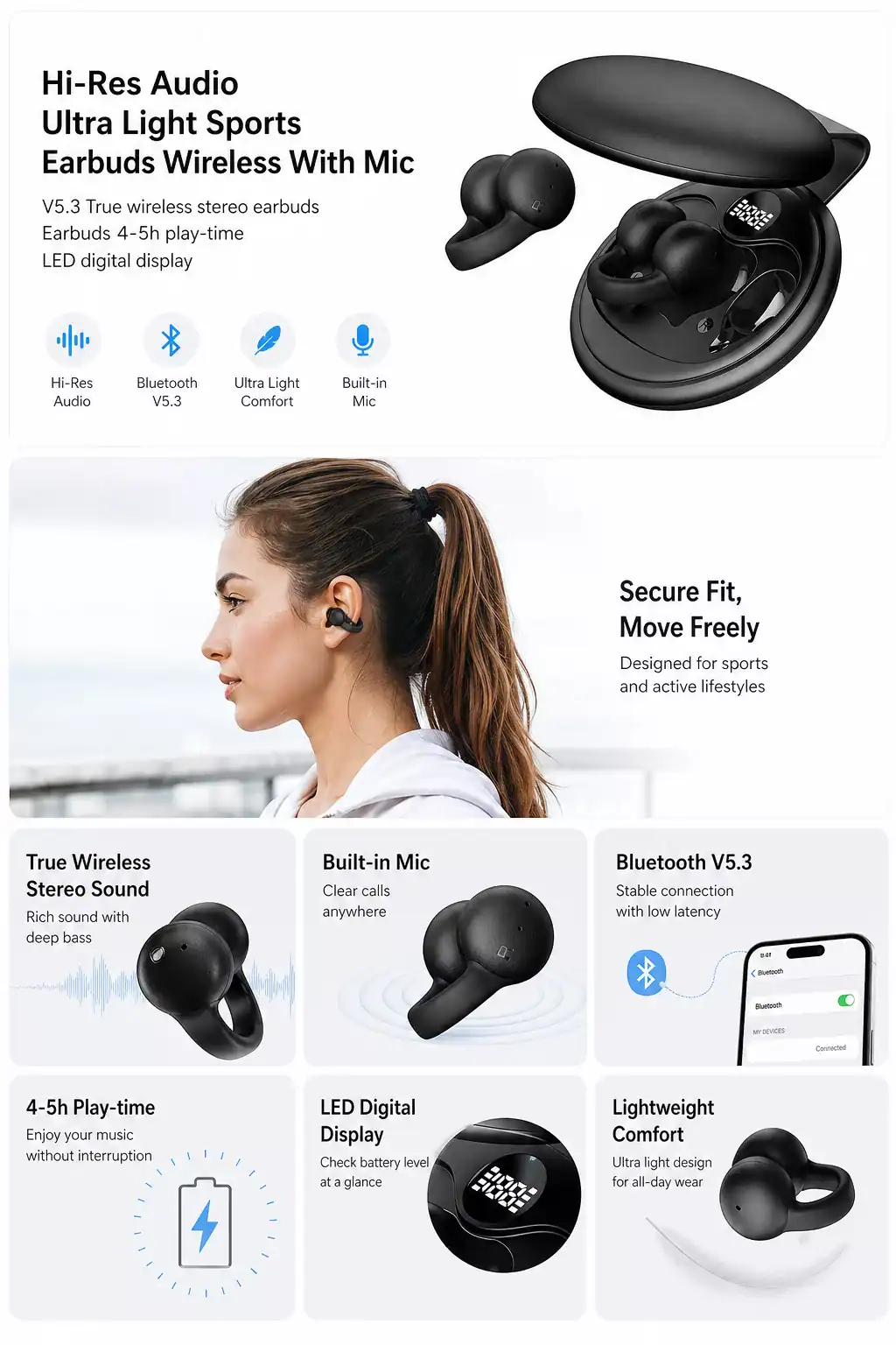 Wireless sports earbuds with mic for high-res audio and ultra-light comfort.