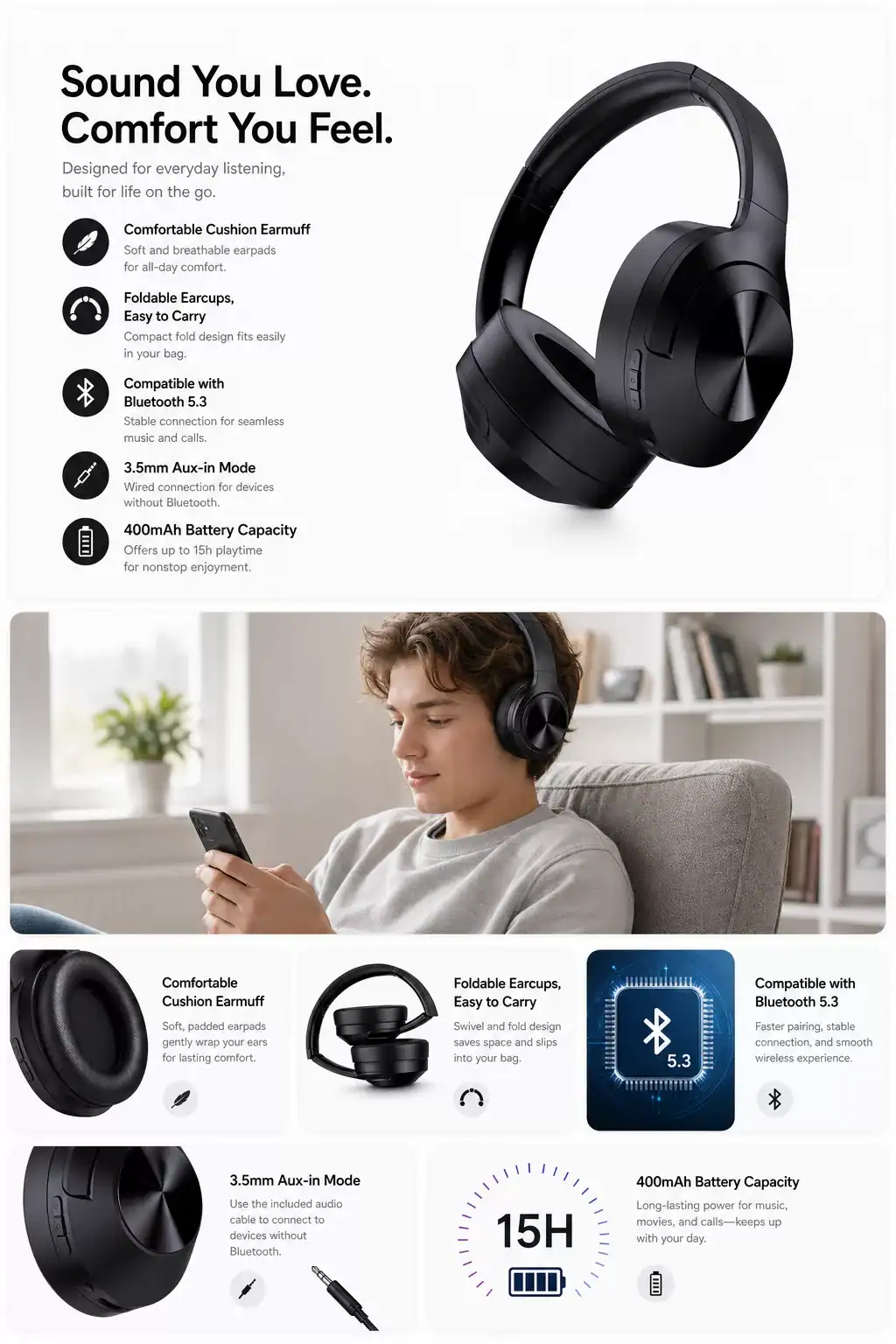 Wireless Headset with Built-in Mic and Comfortable Cushions for Long Use.