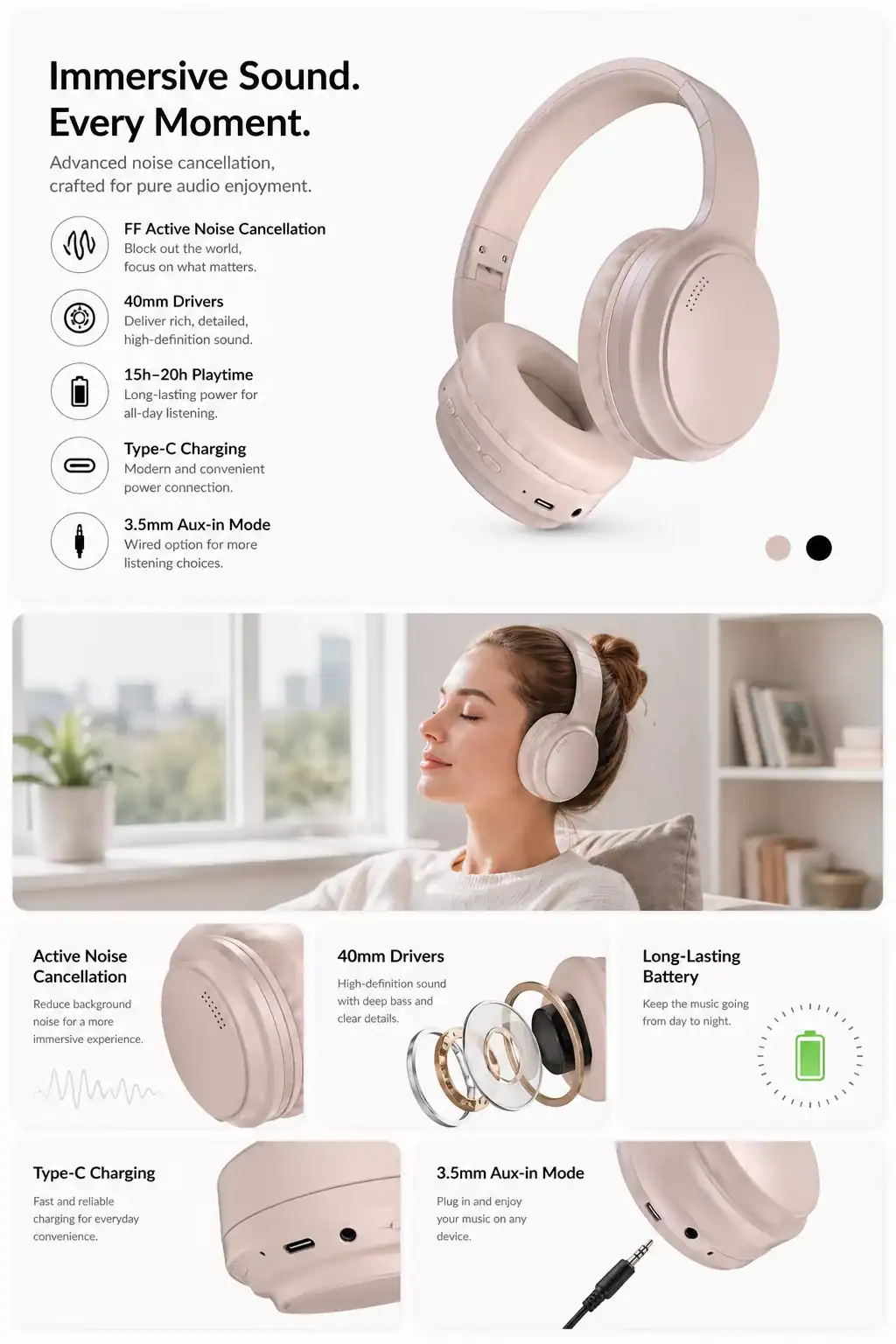 Wireless over-ear headphones with active noise cancellation and 40mm drivers for immersive sound.