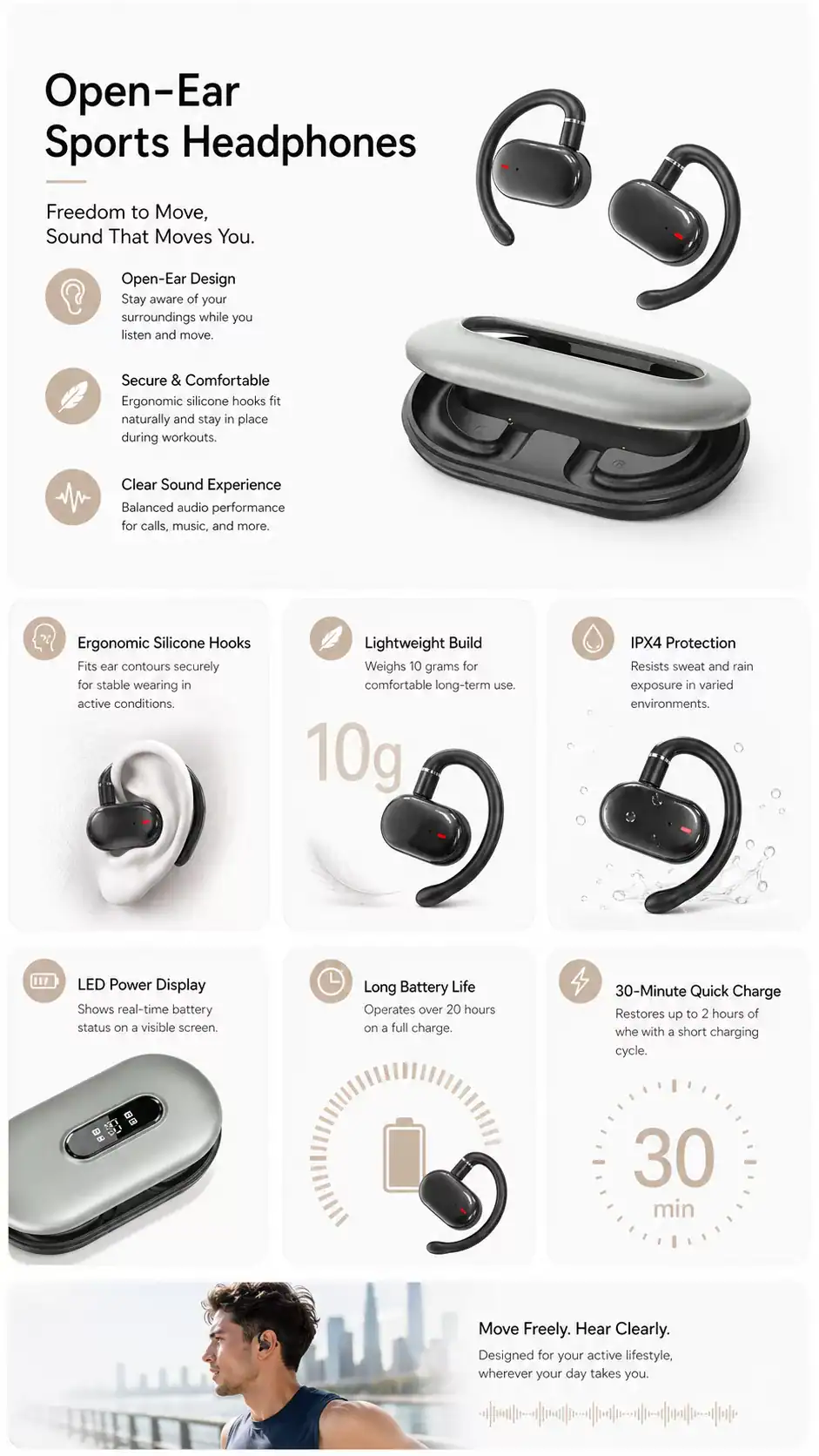 Wireless earbuds with adjustable ear-hooks and metallic finish for active sports. Perfect for music.