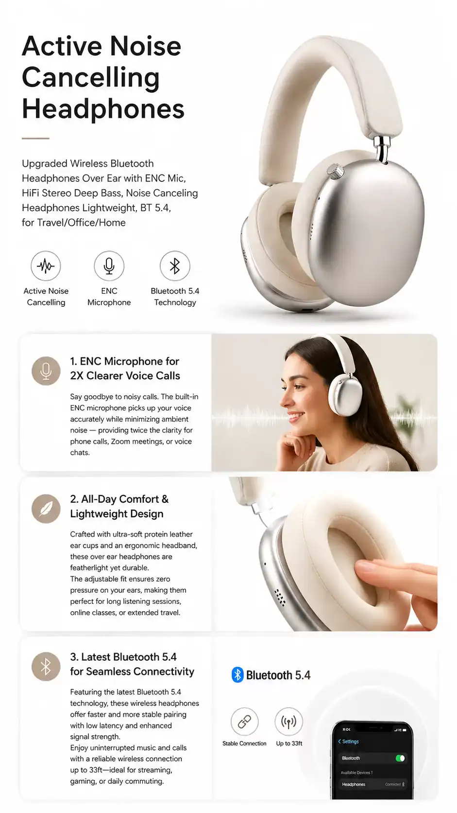 ANC Headphones with Mic, Wireless Noise Cancelling Over Ear Bluetooth 5.4.