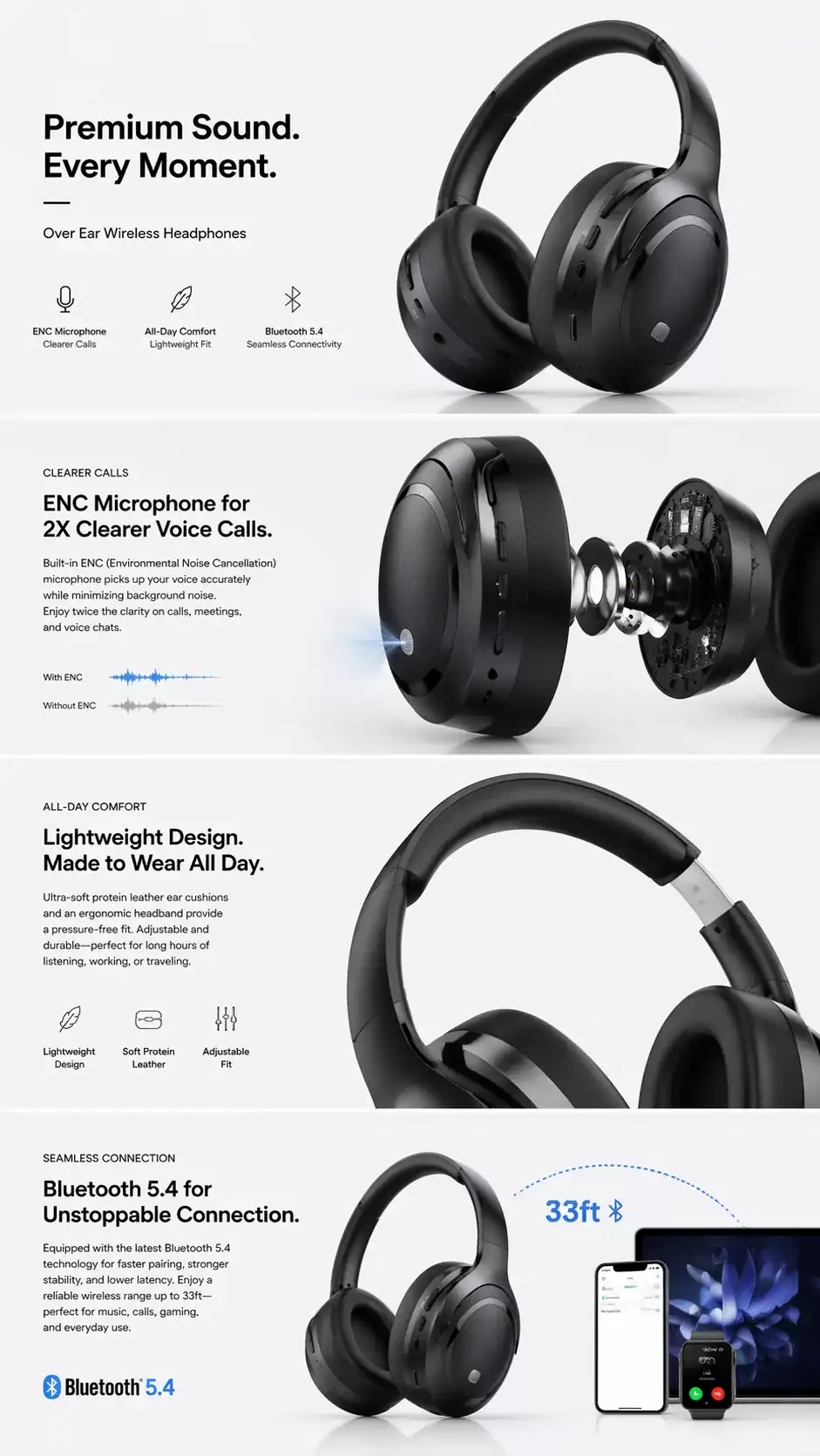 Wireless ANC headphones with mic, Bluetooth 5.4, and active noise cancelling for immersive sound.